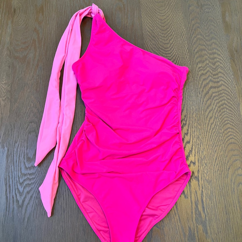 Talisea One Shoulder Ruched Tie Strap Swimsuit Hot Pink